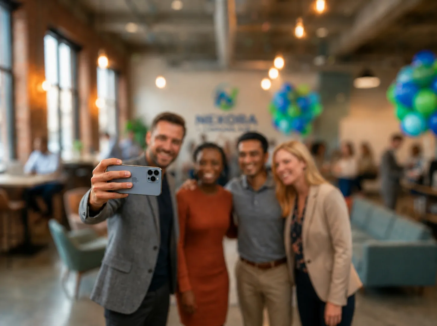 Guests at a Nexora corporate launch party taking a selfie inside the Magneteam QR-code app.